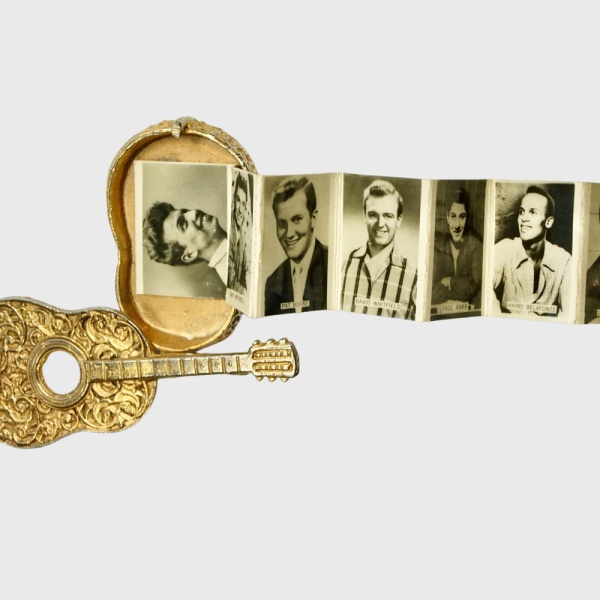 Gold Plated Guitar Brooch with Pop Idol Photos 1950s