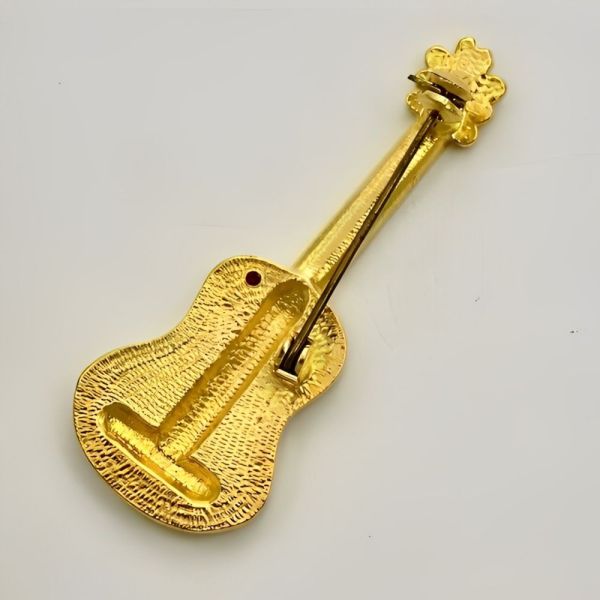 Gold Plated Guitar Brooch with Clear Crystals circa 1980s