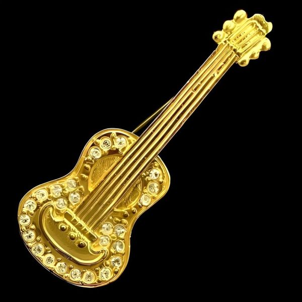 Gold Plated Guitar Brooch with Clear Crystals circa 1980s