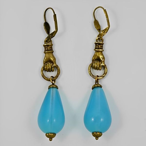 Gold Plated Hands Lever Back Earrings with Blue Opaline Drops