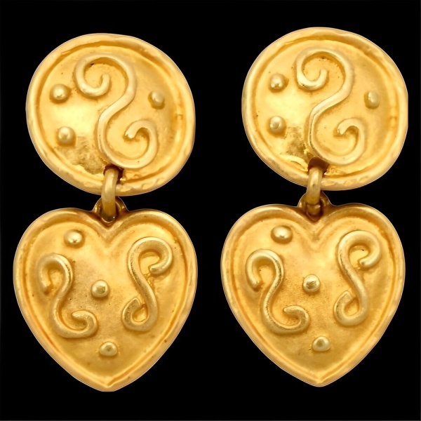 Gold Plated Byzantine Design Heart Earrings circa 1980s