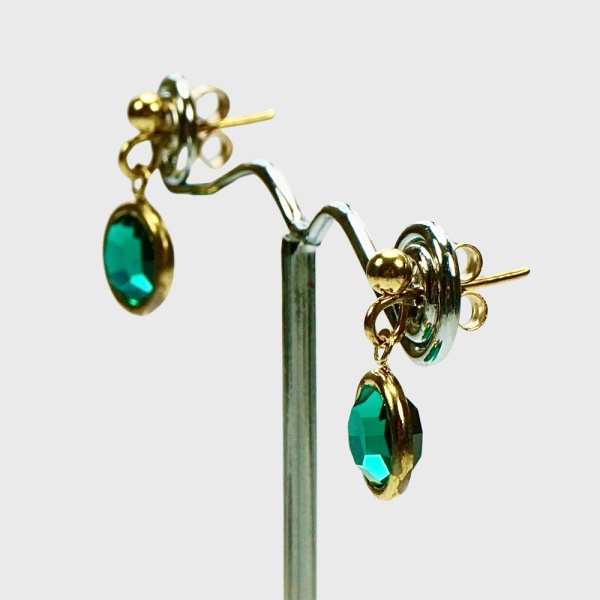 Gold Plated Drop Earrings with Green Glass Crystals