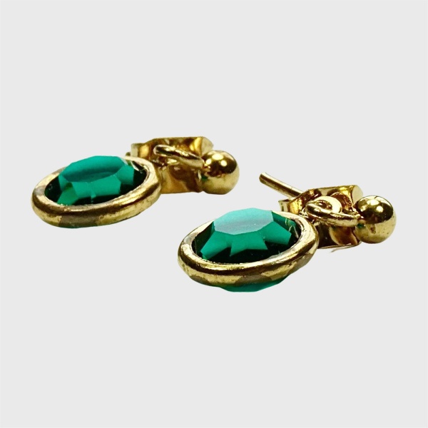 Gold Plated Drop Earrings with Green Glass Crystals