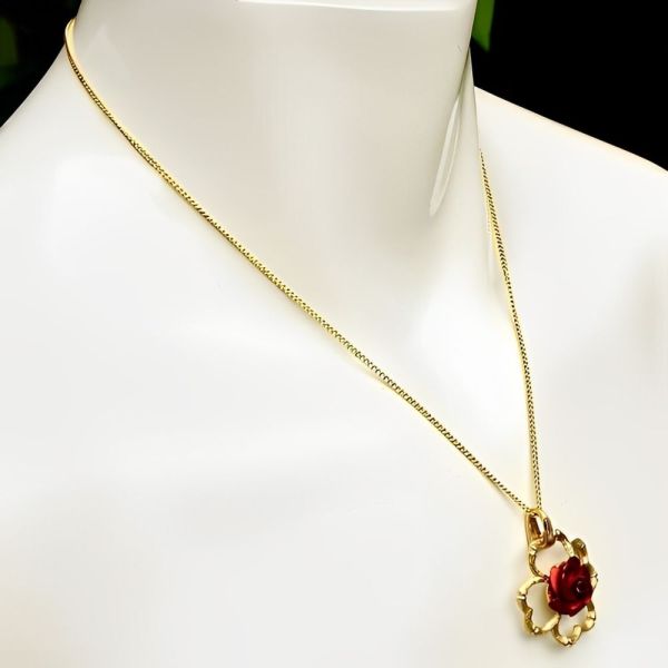Gold Plated Red Rose Pendant Necklace circa 1980s
