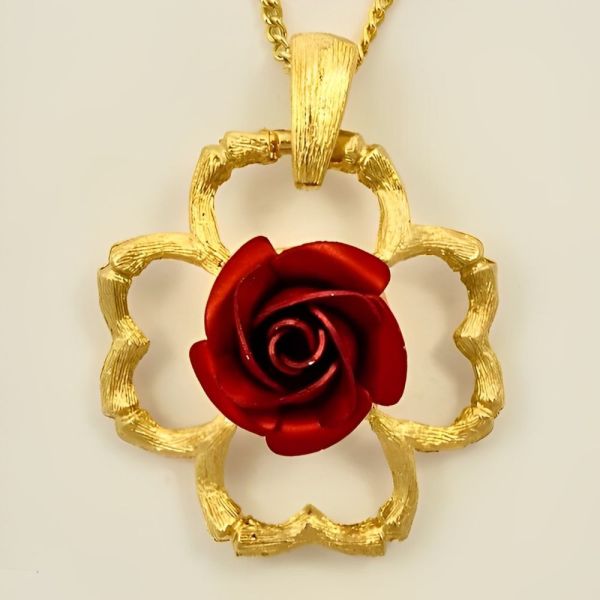 Gold Plated Red Rose Pendant Necklace circa 1980s