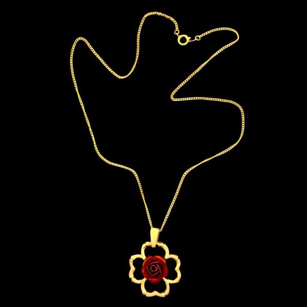 Gold Plated Red Rose Pendant Necklace circa 1980s