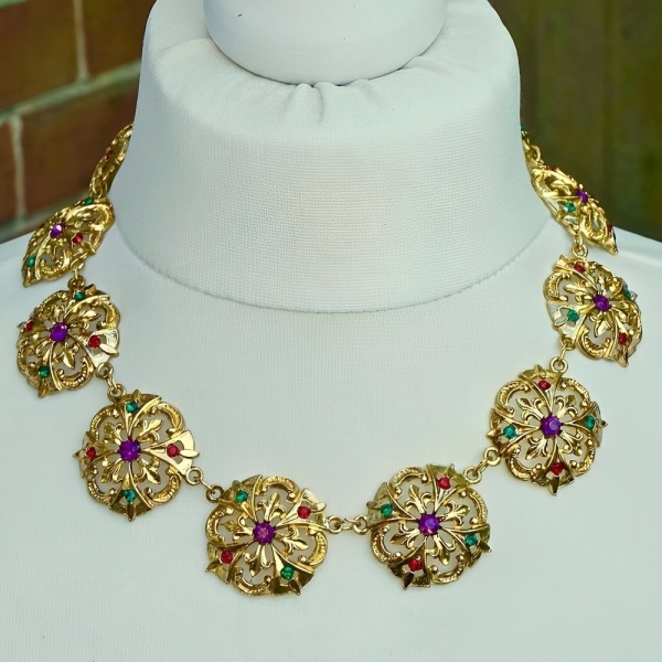 Renaissance Style Necklace Glass Jewels circa 1980s