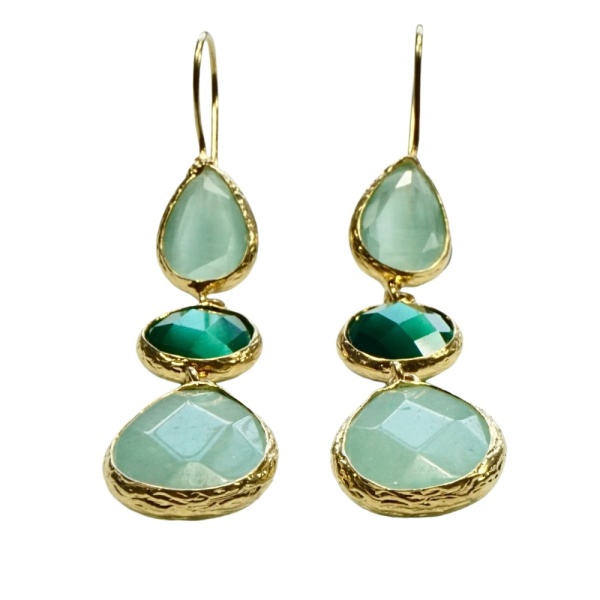 Gold Plated Green Gemstone and Glass Drop Earrings