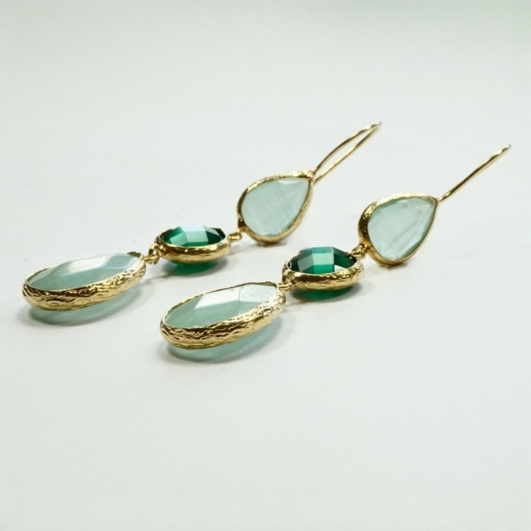 Gold Plated Green Gemstone and Glass Drop Earrings