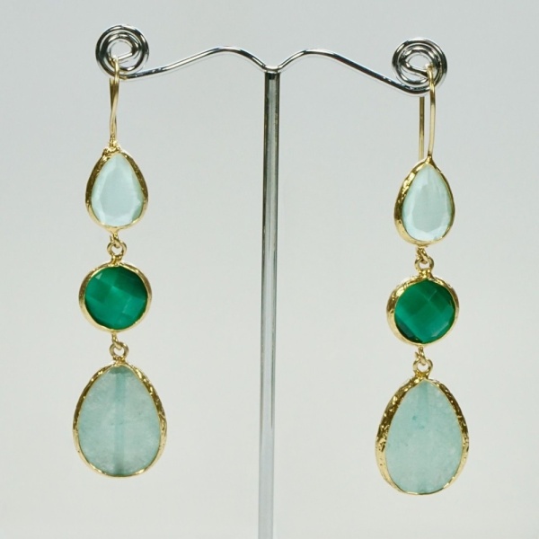 Gold Plated Green Gemstone and Glass Drop Earrings