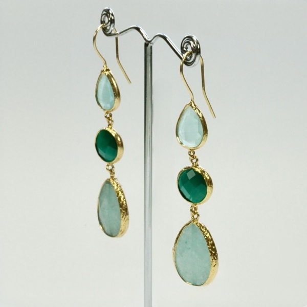 Gold Plated Green Gemstone and Glass Drop Earrings