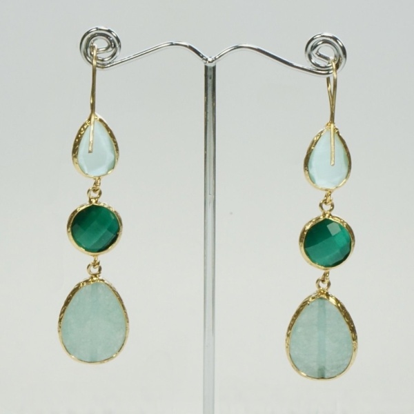 Gold Plated Green Gemstone and Glass Drop Earrings