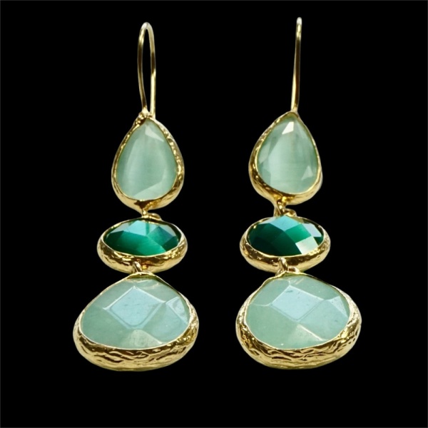 Gold Plated Green Gemstone and Glass Drop Earrings