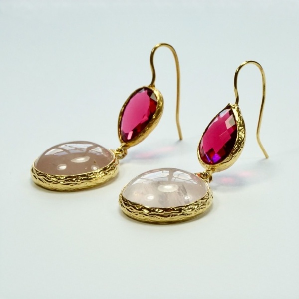 Gold Plated Pink Gemstone and Glass Drop Earrings