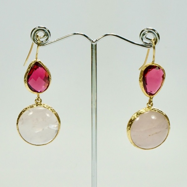 Gold Plated Pink Gemstone and Glass Drop Earrings