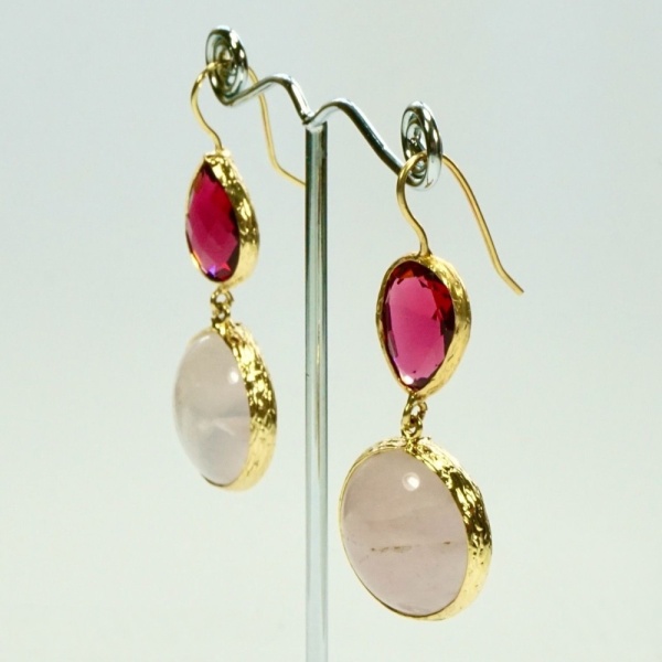 Gold Plated Pink Gemstone and Glass Drop Earrings