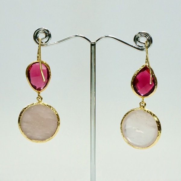 Gold Plated Pink Gemstone and Glass Drop Earrings