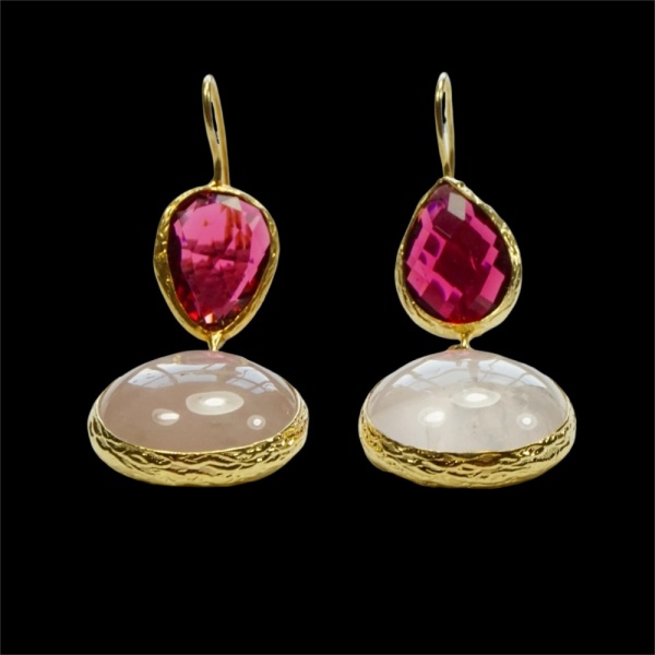 Gold Plated Pink Gemstone and Glass Drop Earrings