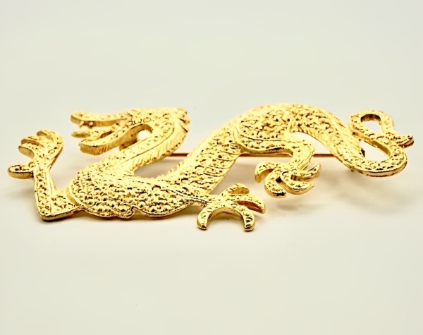 Gold Plated Textured Dragon Brooch circa 1980s