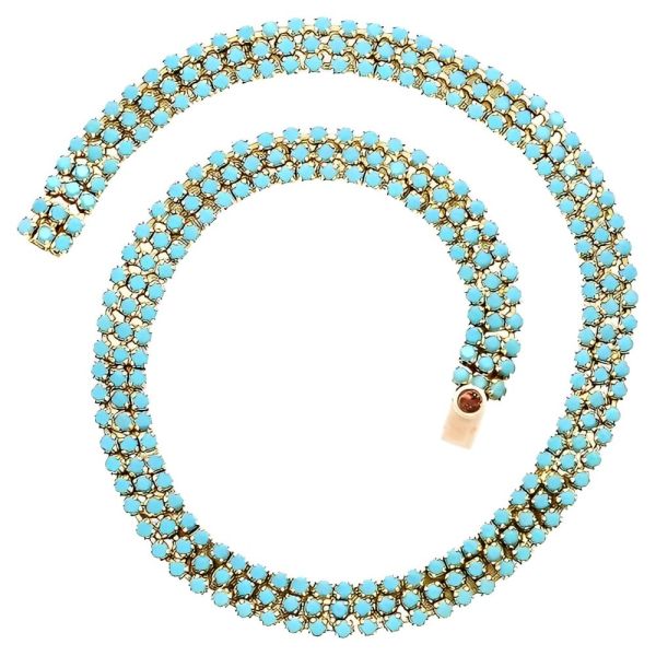 Gold Plated Three Row Faux Turquoise Glass Necklace