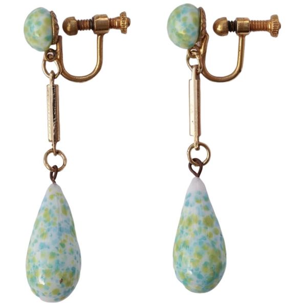 Gold Plated White, Yellow & Turquoise Glass Drop Earrings