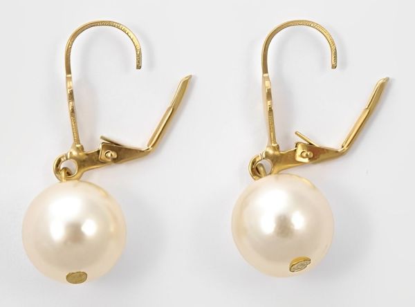 Gold Tone and Cream Faux Pearl Ball Drop Leverback Earrings