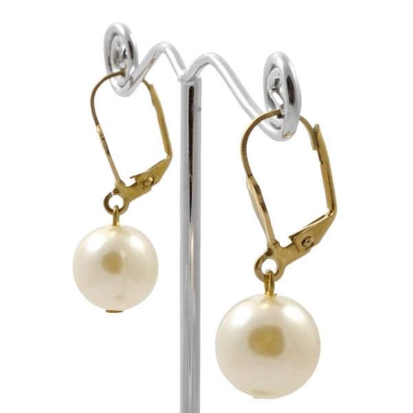 Gold Tone and Cream Faux Pearl Ball Drop Leverback Earrings