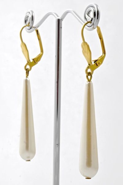Gold Tone and Pale Ivory Faux Pearl Drop Leverback Earrings