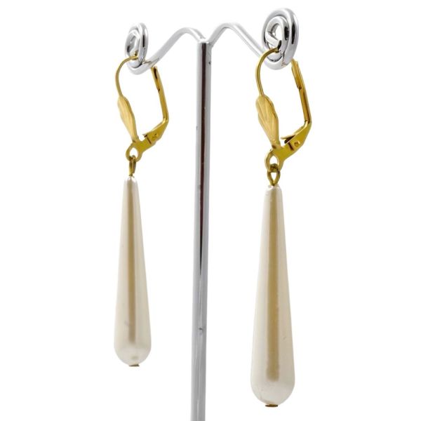 Gold Tone and Pale Ivory Faux Pearl Drop Leverback Earrings