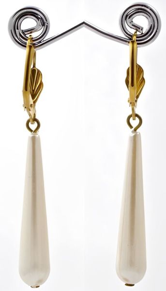 Gold Tone and Pale Ivory Faux Pearl Drop Leverback Earrings