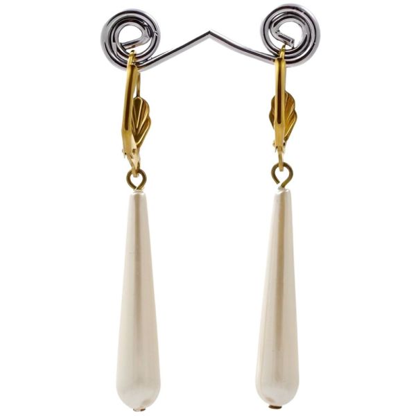 Gold Tone and Pale Ivory Faux Pearl Drop Leverback Earrings