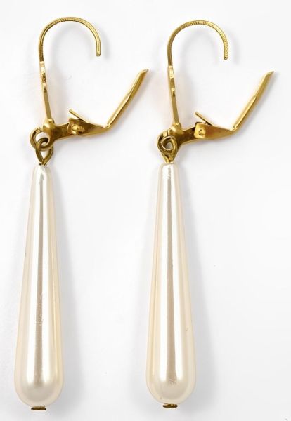 Gold Tone and Pale Ivory Faux Pearl Drop Leverback Earrings