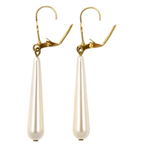 Gold Tone and Pale Ivory Faux Pearl Drop Leverback Earrings