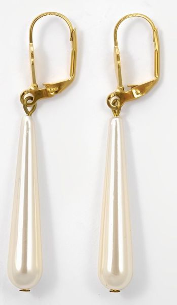 Gold Tone and Pale Ivory Faux Pearl Drop Leverback Earrings