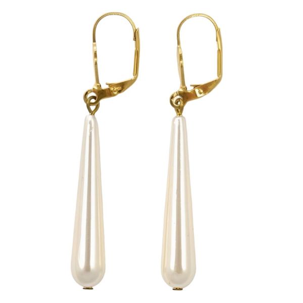 Gold Tone and Pale Ivory Faux Pearl Drop Leverback Earrings