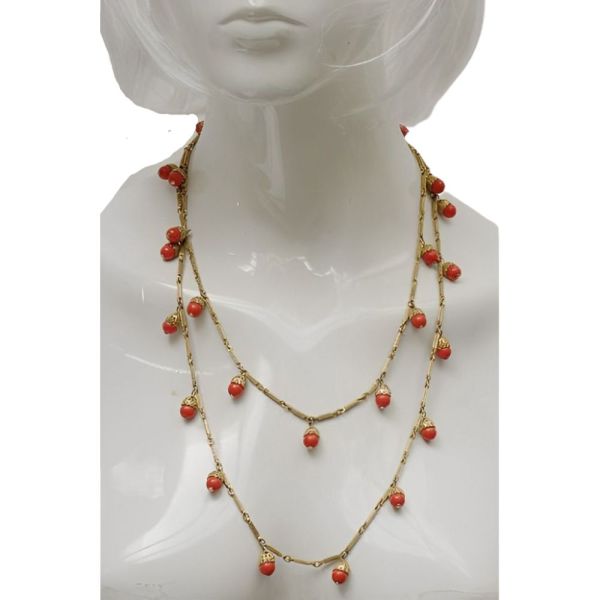 Gold Tone Chain Necklace with Filigree and Faux Coral circa 1940s