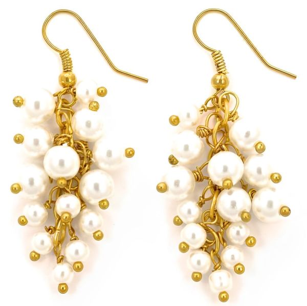 Gold Tone Faux Pearl Grape Cluster Drop Earrings