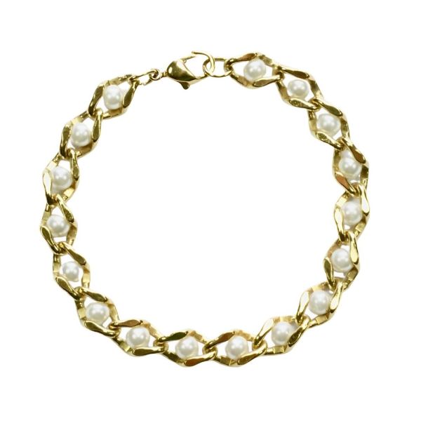 Gold Plated and White Faux Pearl Link Bracelet circa 1970s