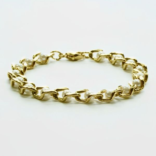 Gold Plated and White Faux Pearl Link Bracelet circa 1970s