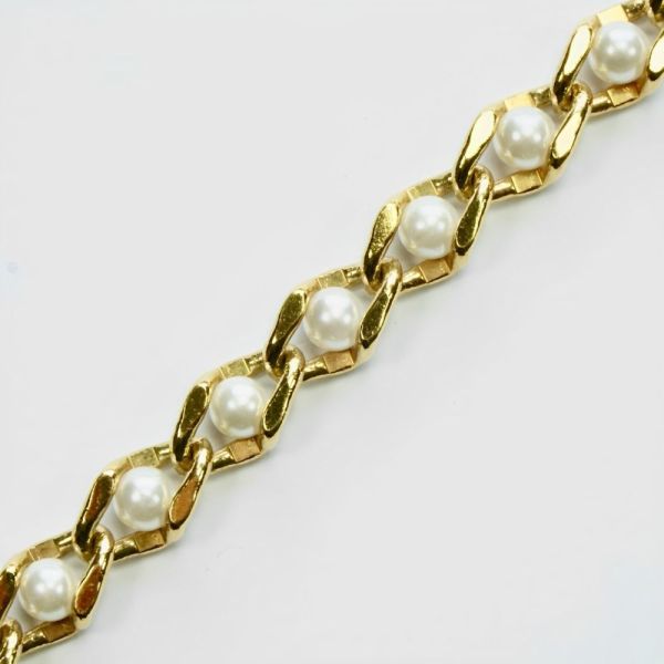 Gold Plated and White Faux Pearl Link Bracelet circa 1970s