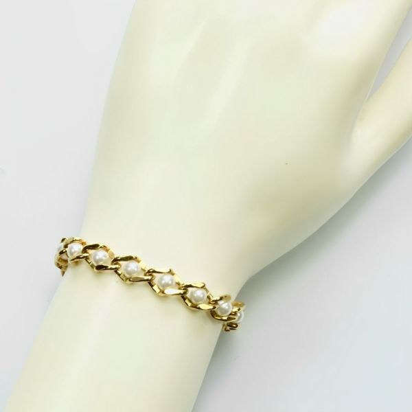 Gold Plated and White Faux Pearl Link Bracelet circa 1970s