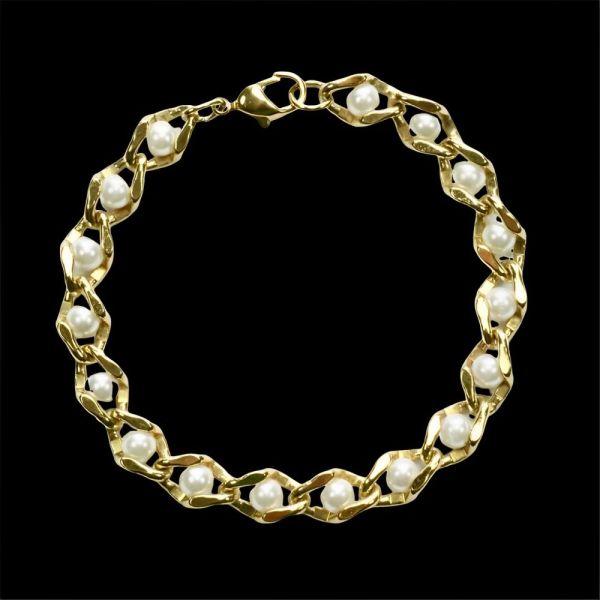 Gold Plated and White Faux Pearl Link Bracelet circa 1970s