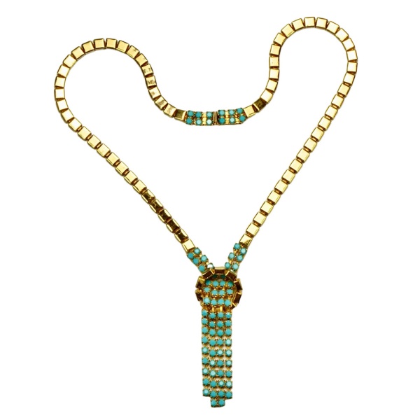 Gold Plated Necklace with Turquoise Glass Pendant 1950s