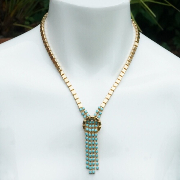 Gold Plated Necklace with Turquoise Glass Pendant 1950s