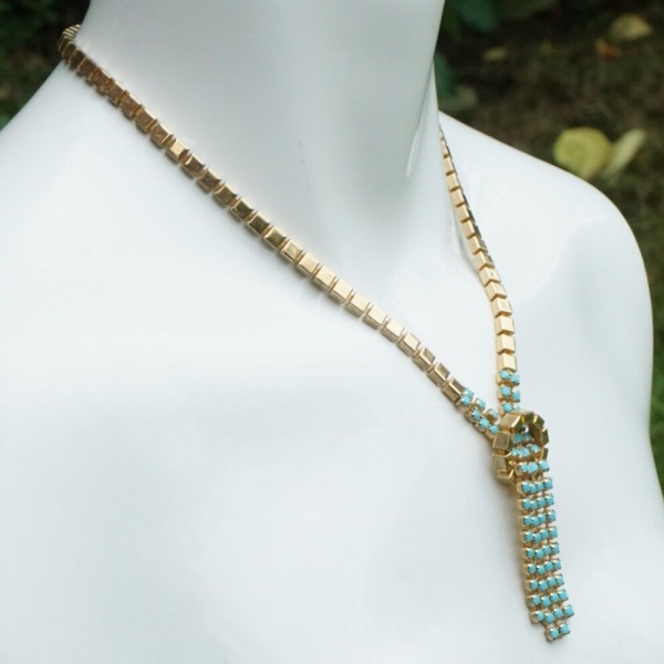 Gold Plated Necklace with Turquoise Glass Pendant 1950s