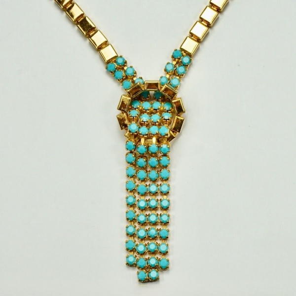 Gold Plated Necklace with Turquoise Glass Pendant 1950s