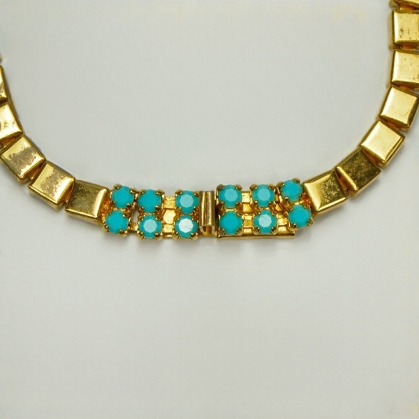 Gold Plated Necklace with Turquoise Glass Pendant 1950s