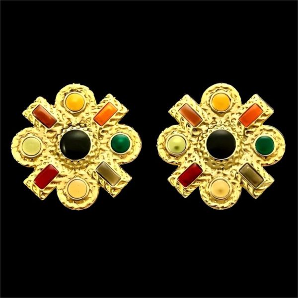 Gold Tone Textured Multi Coloured Enamel Clip On Earrings