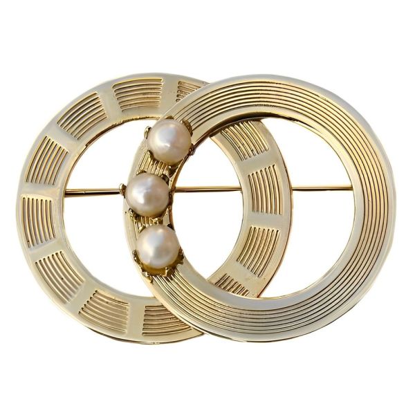 Gold Tone Vintage Double Circle and Cultured Pearl Brooch