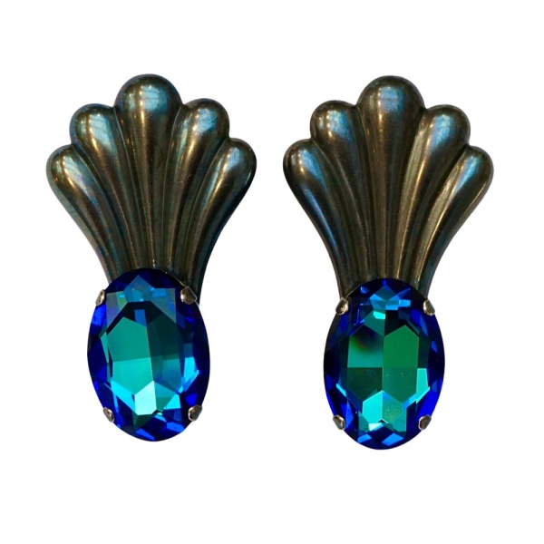 Gunmetal Grey and Blue Rhinestones Earrings